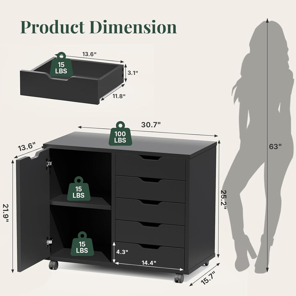 5-Drawer File Cabinet, Printer Stand with Storage, Black | Wood Under Desk with Organizer with Door and Adjustable