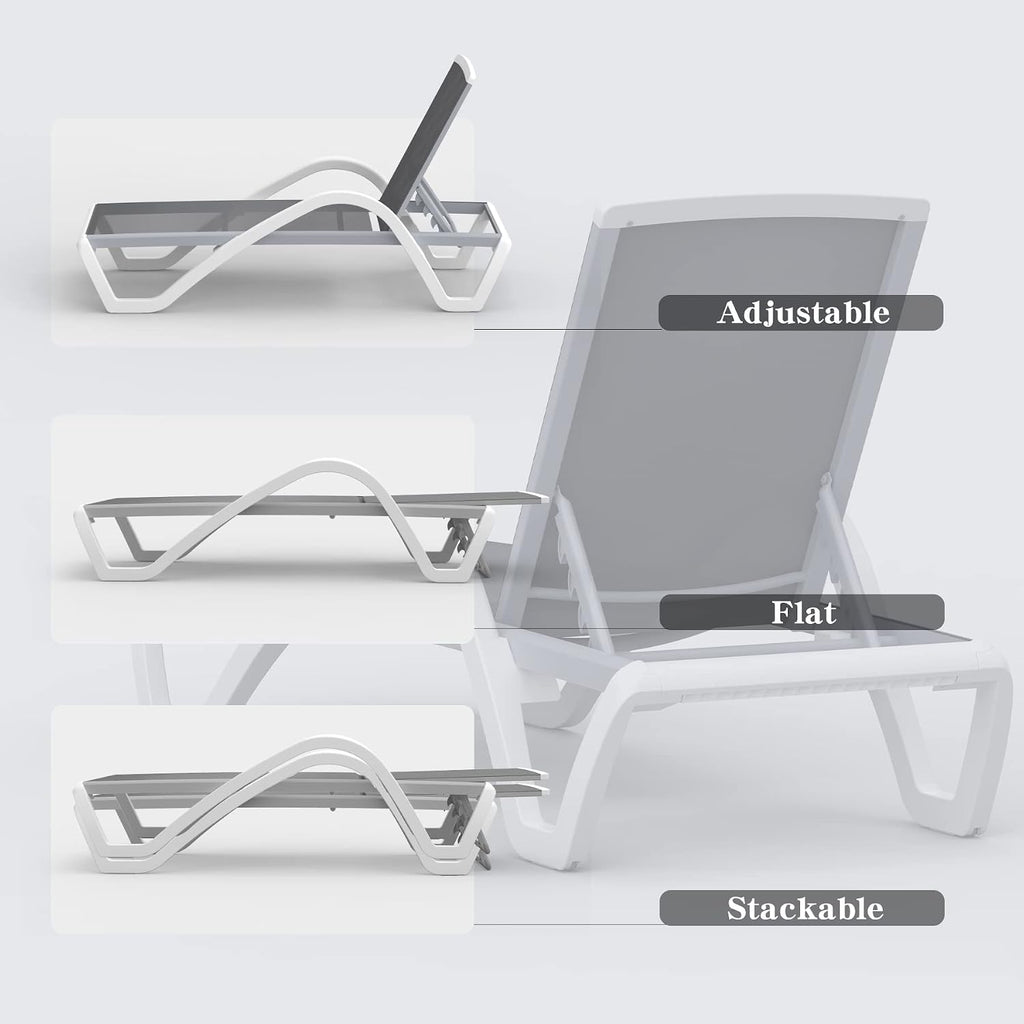Outdoor Lounge Chair, Aluminum Patio Chaise Lounge with 5 Position Adjustable Backrest and Wheels, All Weather