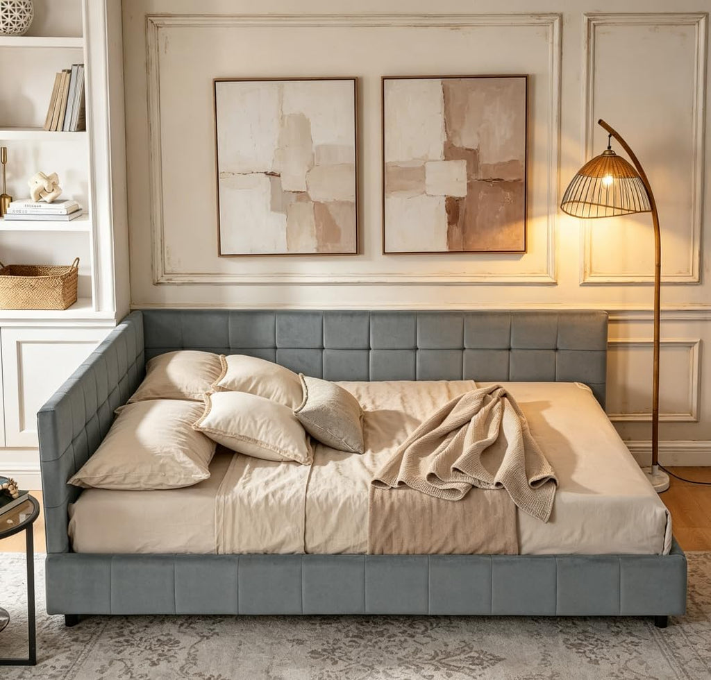 Queen daybed, Queen Corner Bed, Upholstered Sofa Bed Frame with Comfortable Backrest and Armrests for Kids,Adults