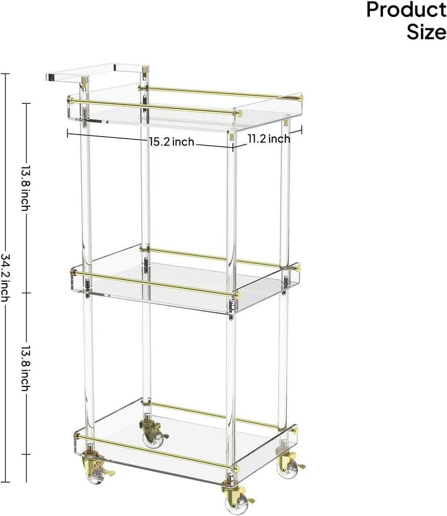Acrylic Bar Cart, Rolling Serving Cart with Gold Edge, Handle