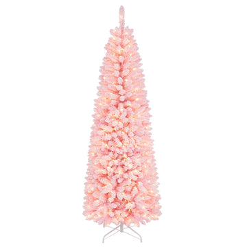 7ft Pink Flocked Pencil Christmas Tree with 300 Warm White Lights