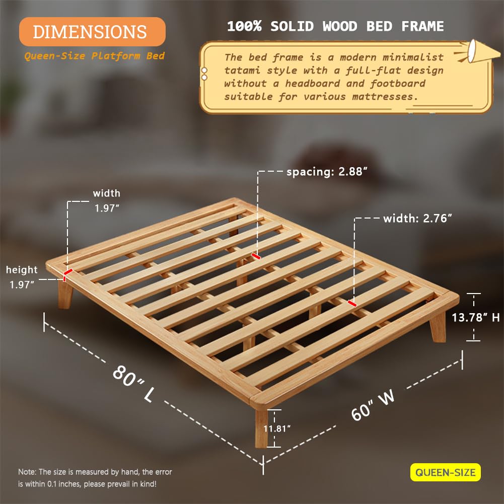 Queen Wood Platform Bed Frame, 14 Inch Bed Base, Oak