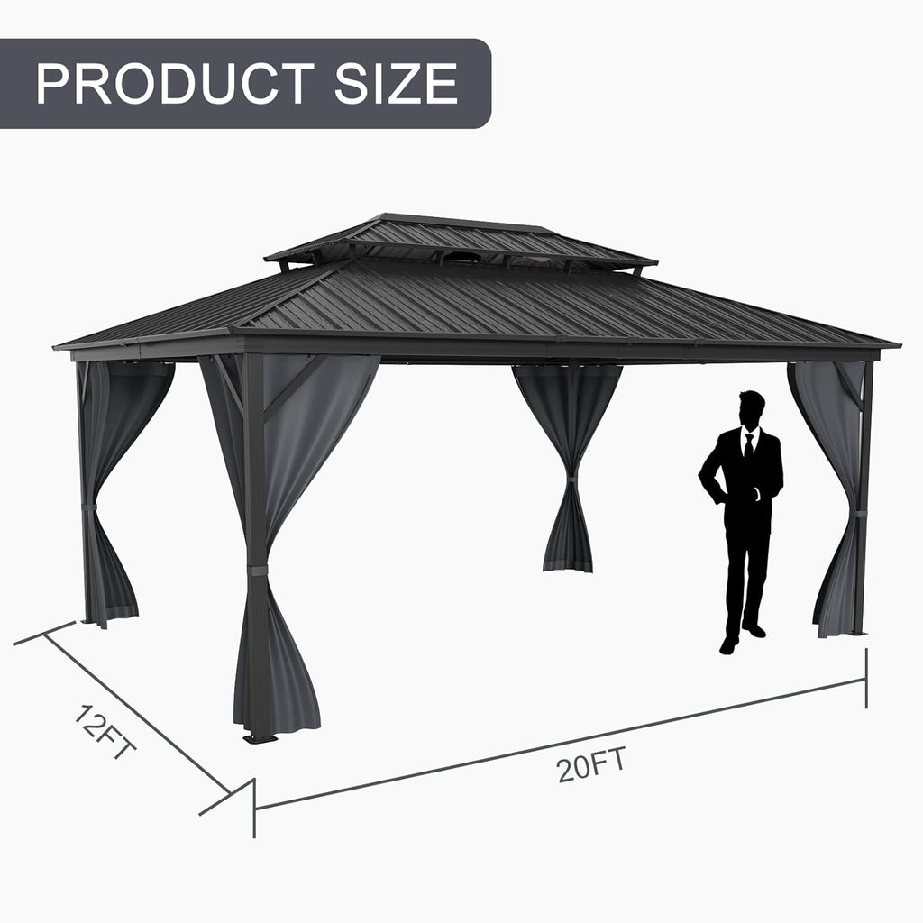 12x16FT Gazebo Hardtop Double Roof Canopy with Netting and Curtains,Outdoor Gazebo 2-Tier Hardtop Galvanized Iron