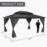 12x16FT Gazebo Hardtop Double Roof Canopy with Netting and Curtains,Outdoor Gazebo 2-Tier Hardtop Galvanized Iron