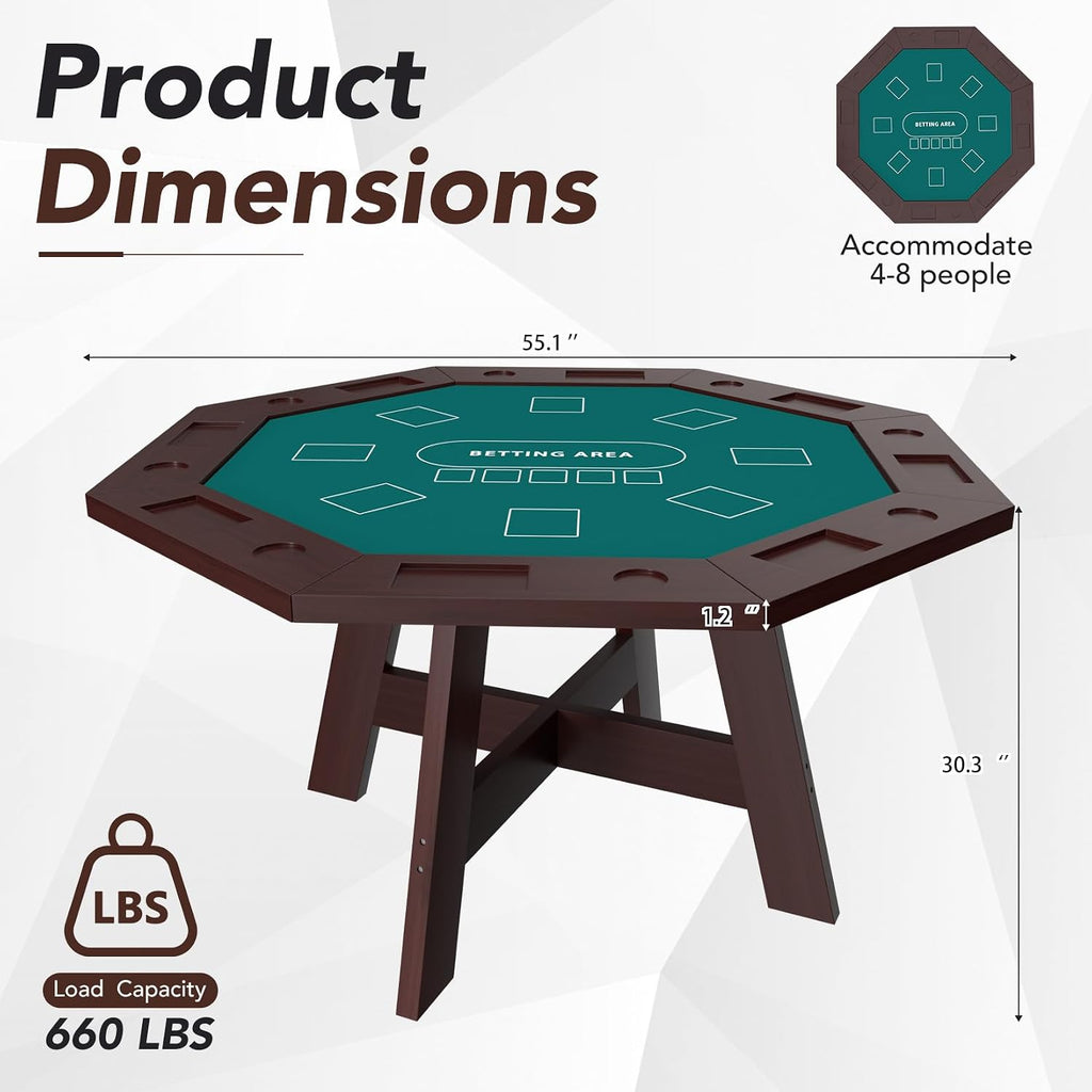 Solid Wood Poker Table, 60 Inch 8-Player Casino Style Game Table with Built-in Cup Holders & Felt Playing