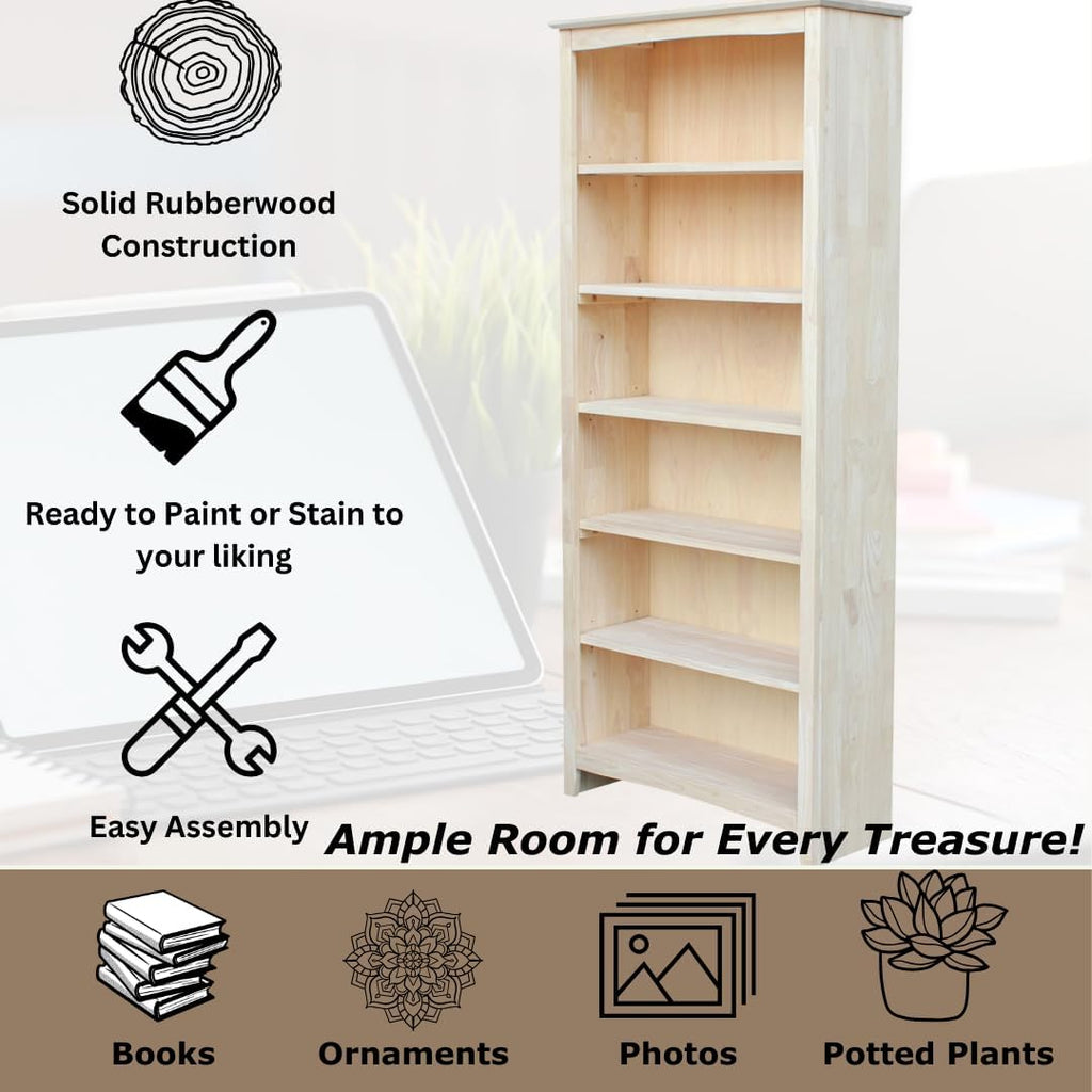 Solid Wood Shaker Bookcase, 72" H, Unfinished