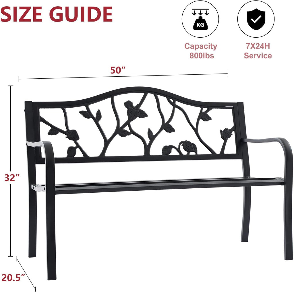 50" Strawberry Outdoor Garden Bench, Weatherproof Sturdy Cast Iron Metal Frame Patio Park Bench for Porch Yard Lawn