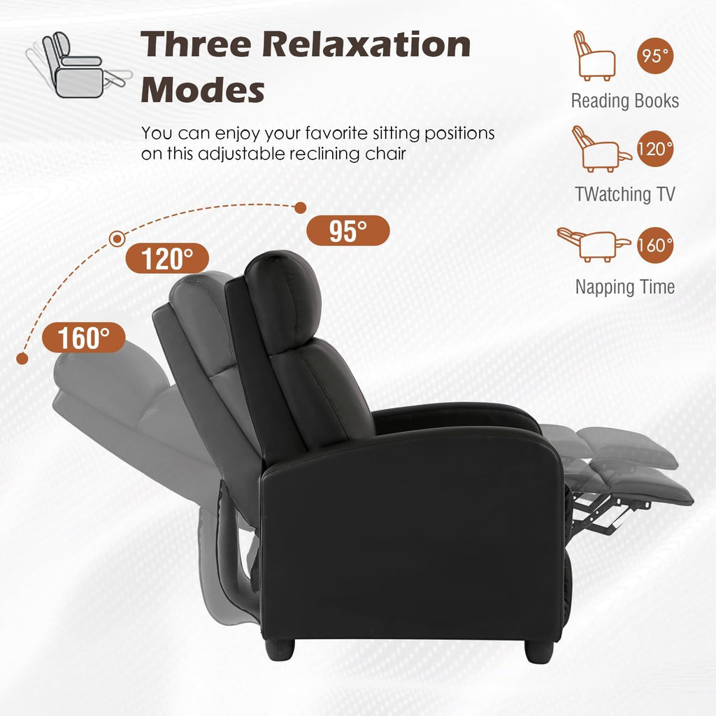 Recliner Chair | No Massage Function | Leather Black | with Lumbar Support, Adjustable Push Back, Wide Armrests