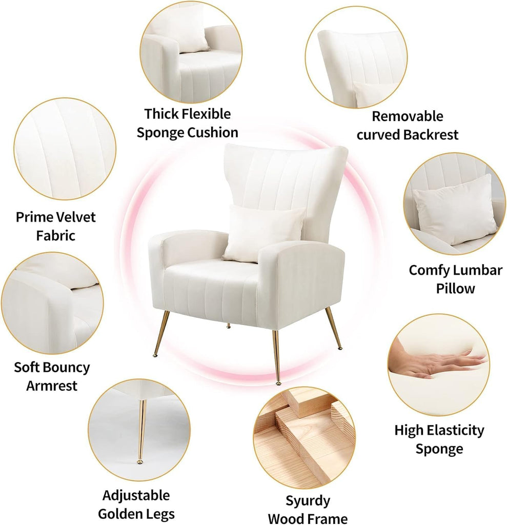 Velvet Accent Chairs Set of 2, Modern Living Room Chair with Gold Legs & Pillow, Bedroom Side Chair with High