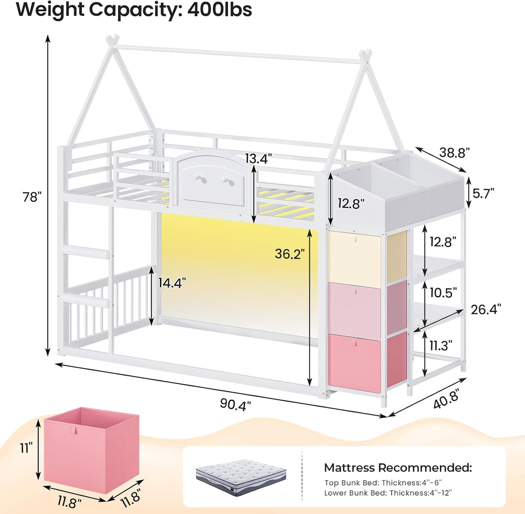 Bunk Bed Twin Over Twin with 3 Storage Drawers and Shelves, House Shaped Bunk Bed with Stairs and Guardrail