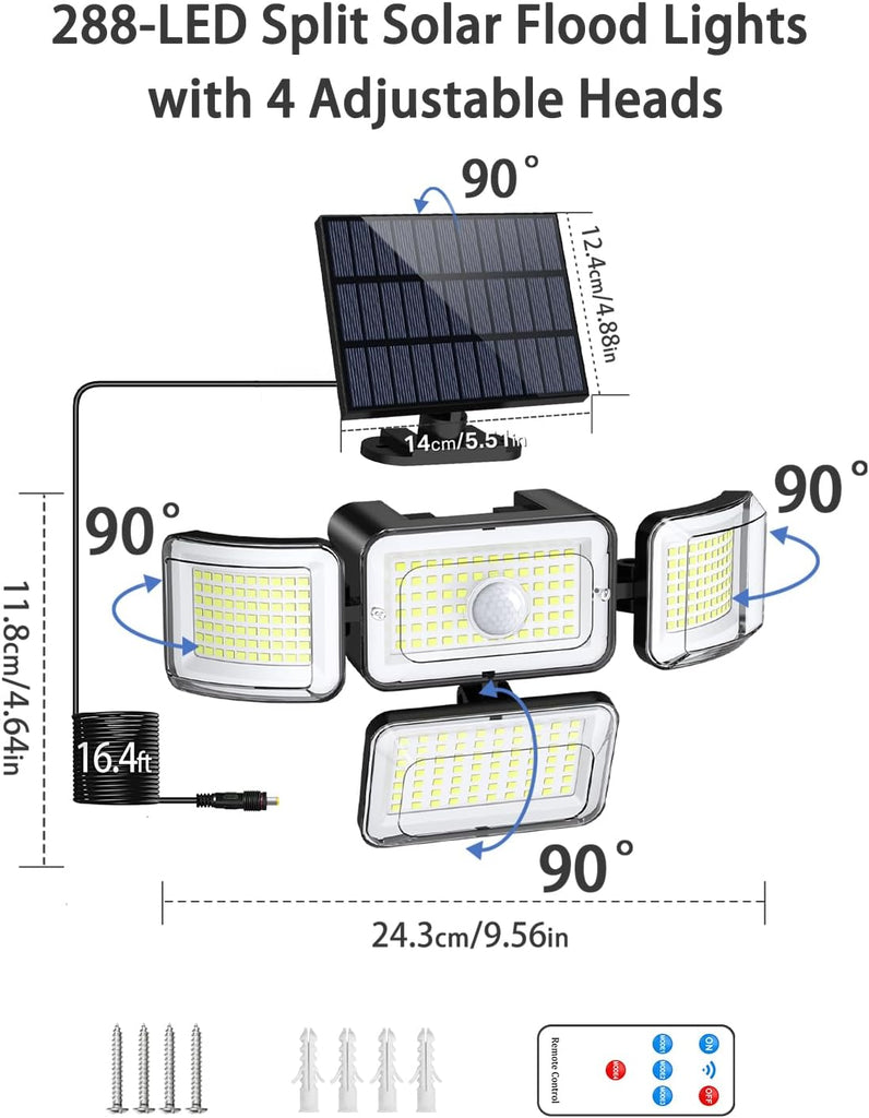 Solar Outdoor Lights Motion Sensor 3500LM 288 LED Solar Security Lights with Remote Control IP67 Waterproof 4 Heads
