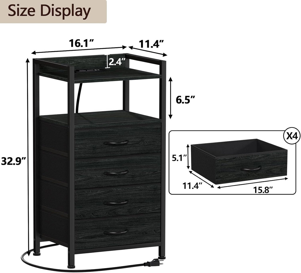 Night Stand with Charging Station, Black Nightstand with Drawers and Led Light, Tall Dresser , Bedside Table with