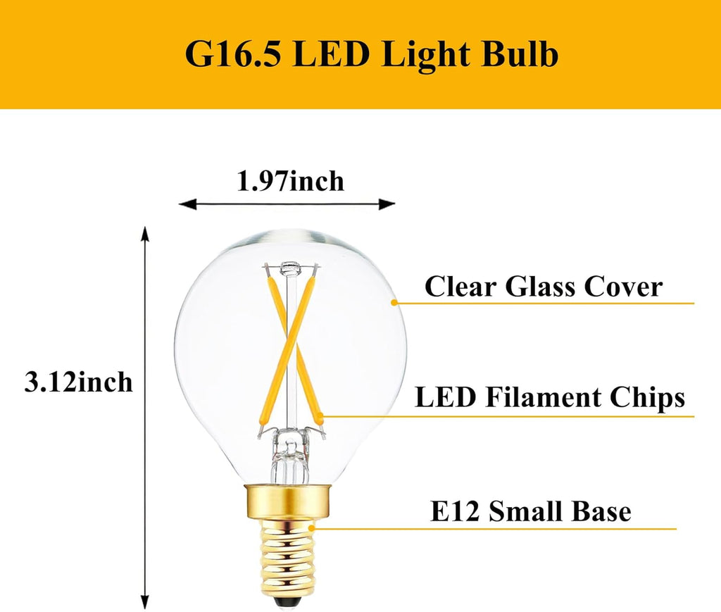 E12 Globe LED Bulb 25 Watt Equivalent Candelabra Base Round Bulb, G16.5 LED 2W Dimmable Warm White 2700K Clear Glass (Pack Of 6)