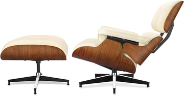 Mid-Century Modern Lounge Chair & Ottoman — Cream Bonded Grain Leather, Walnut Base, Premium Tall Back