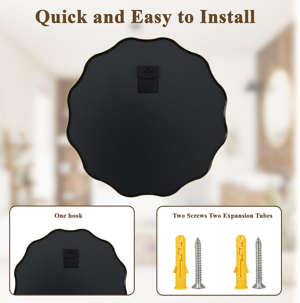 Gold Scalloped Circle Mirror, 24" Wavy Edge Round Wall Mirror with Tempered Glass Textured Circular Metal Deep Frame