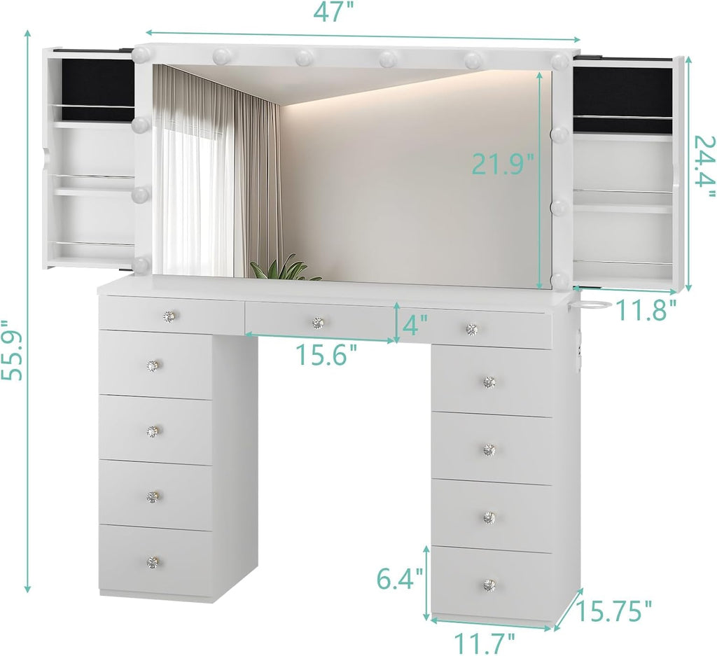 Vanity Desk with Mirror and Lights, White Vanity with Jewelry Storage Cabinet, Makeup Dressing Table with 11 Drawers
