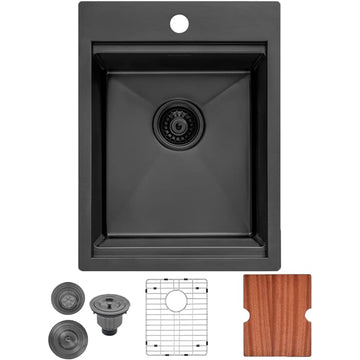 Drop in Black Bar Sink, 15 x 20 Inch Single Bowl Small Kitchen Sink, 304 Stainless Steel Topmount Wet Bar Sink Prep