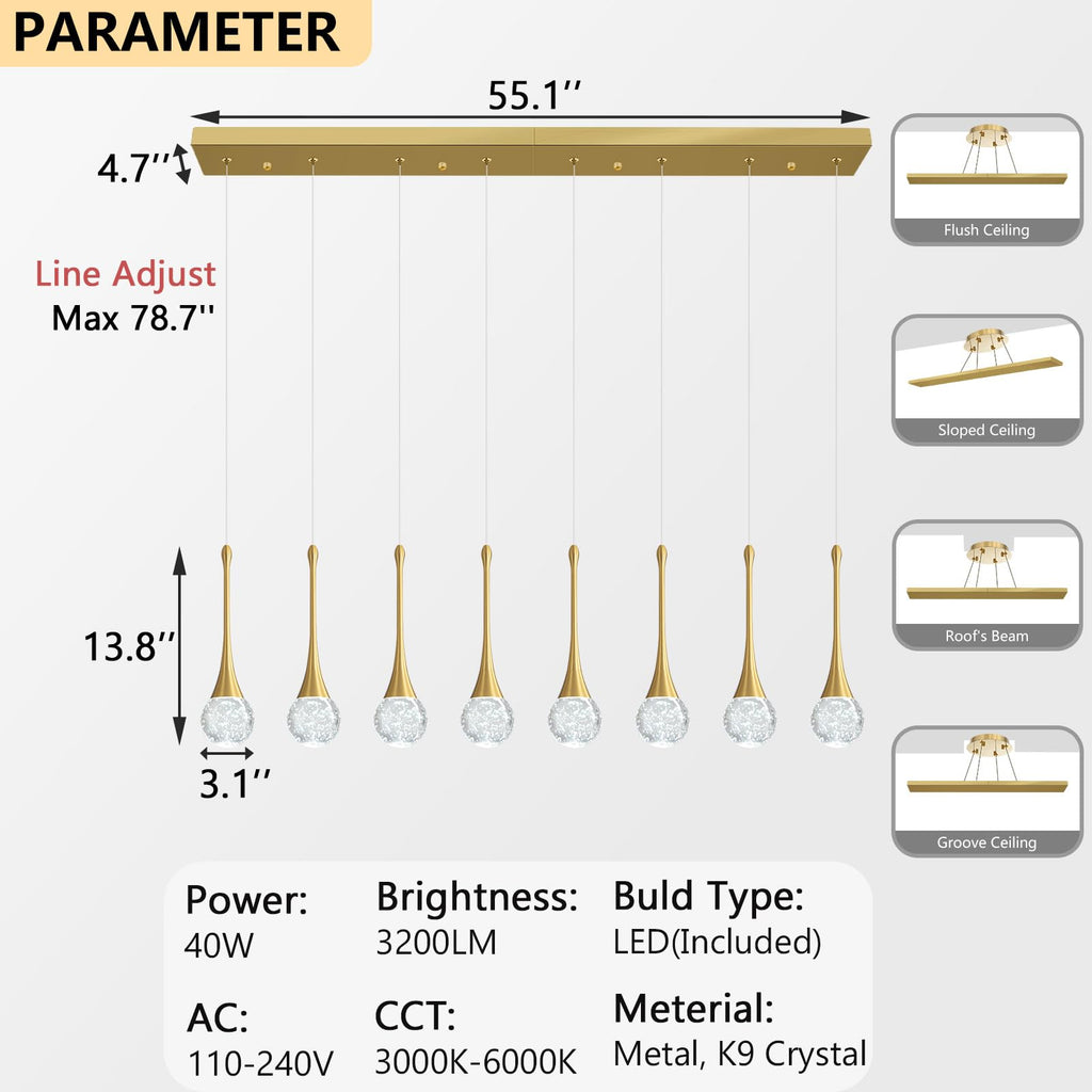 8 Light Modern Glam Crystal Rectangular Chandelier for High Ceiling LED Dimmable Ceiling Pendant Light Kitchen Island