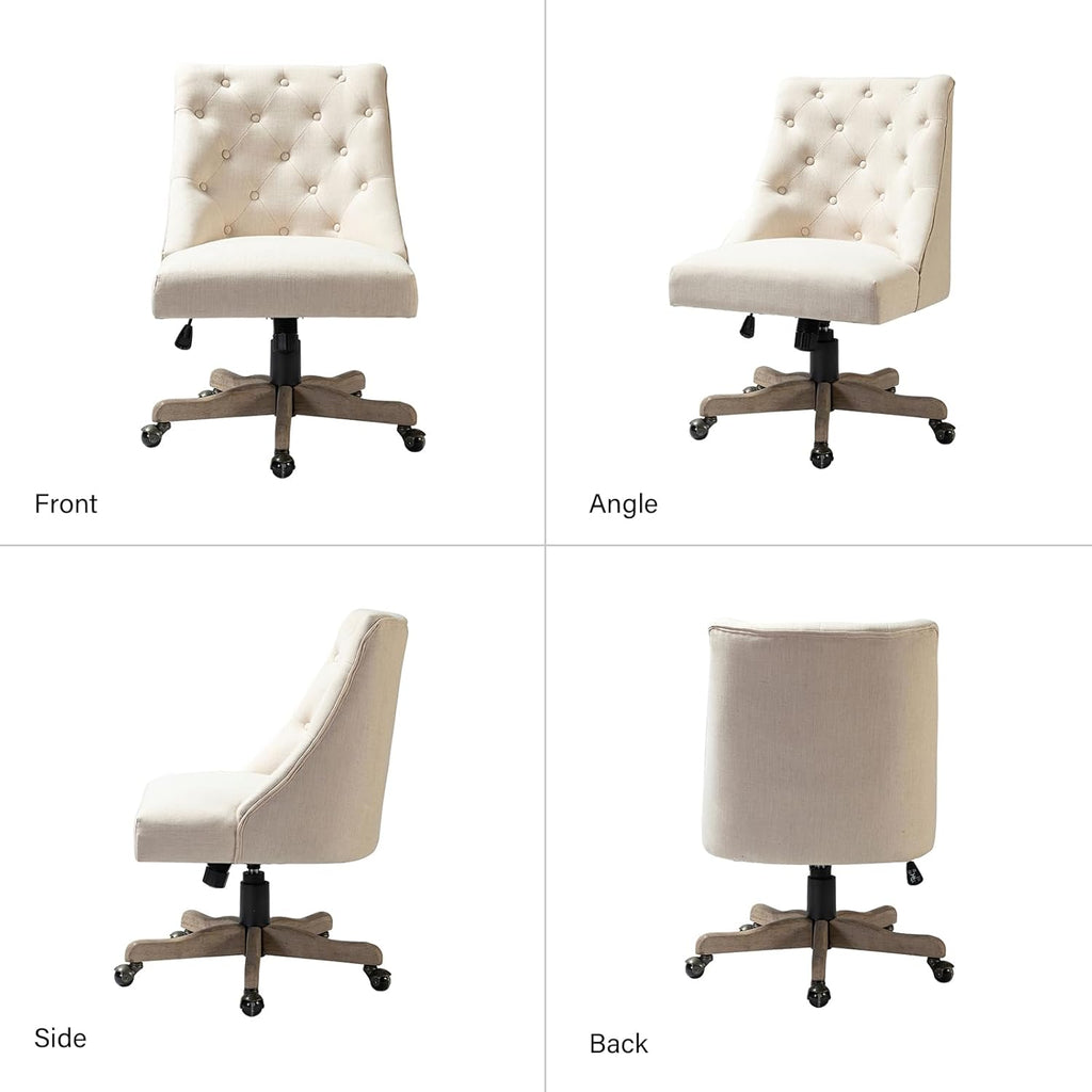 Modern Tufted Armless Home, Comfy Upholstered Desk Chair with Vintage Wood Base, Height Adjustable Swivel Computer