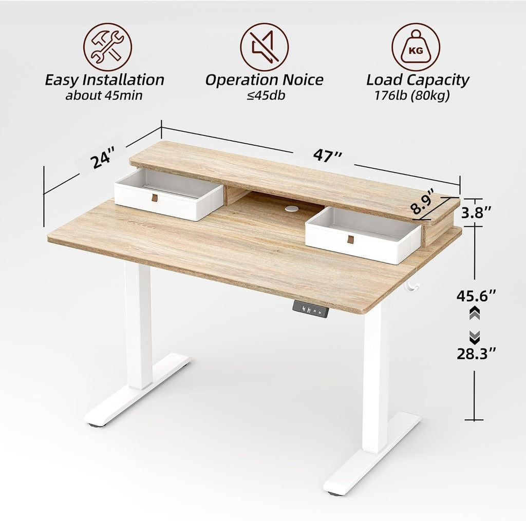 48 * 24 inch Standing Desk with Two Drawers&Top Shelf, Maple | Smooth Height Adjustment, 2 Memory Presets, One-Touch