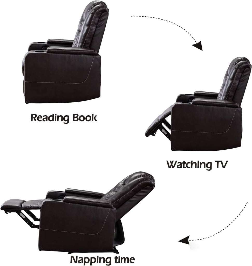 Electric Power Recliner Chair with USB Ports and Cup Holders, Breathable Leather Home Theater Seating with Hidden Arm