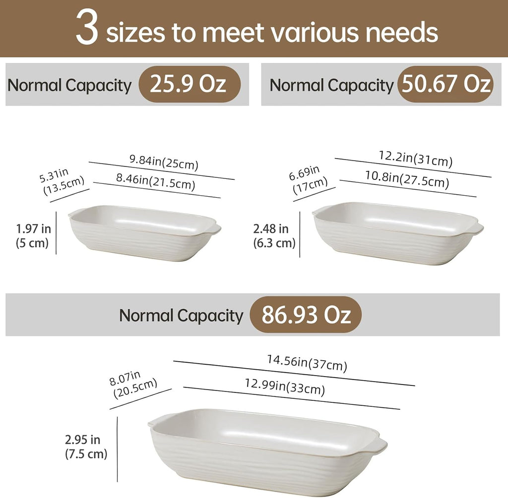 Dish for Oven, Ceramic Casserole Dishes Set for 3, Rectangular Lasagna Pan Deep, Pans with Handle, 12.9"/10.8"/8.4"