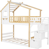 Twin Over Twin Bunk Bed with Stairs, Stairway House Bunk Bed Frame with Storage and Guard Rail for Kids Girls Boys