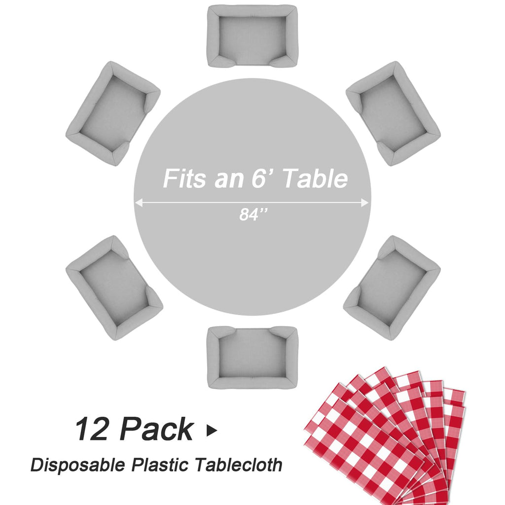 12 Pack Red Gingham Round Plastic Tablecloth, Picnic Table Cover
