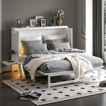 Queen Murphy Bed with Desk and Removable Shelves on Each Side,Solid Pine Cabinet Bedframe for Home Office, Guest