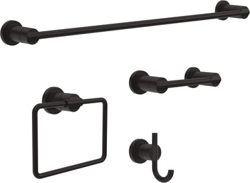 4-Piece Matte Black Bathroom Set Towel Rack, Ring, Toilet Paper Holder, Hook | Nicoli Bath Accessories