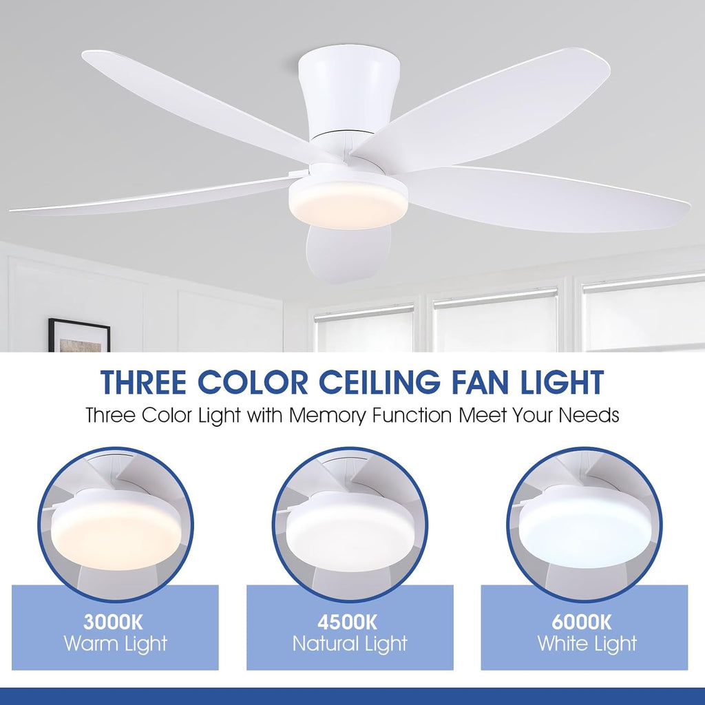 42" Ceiling Fans with Lights-Low Profile Ceiling Fan with Light and Remote/APP Control,Flush Mount,DC Reversible,LED Dimmable Modern Ceiling Fans for Bedroom,Indoor/Outdoor Patio Use(White)
