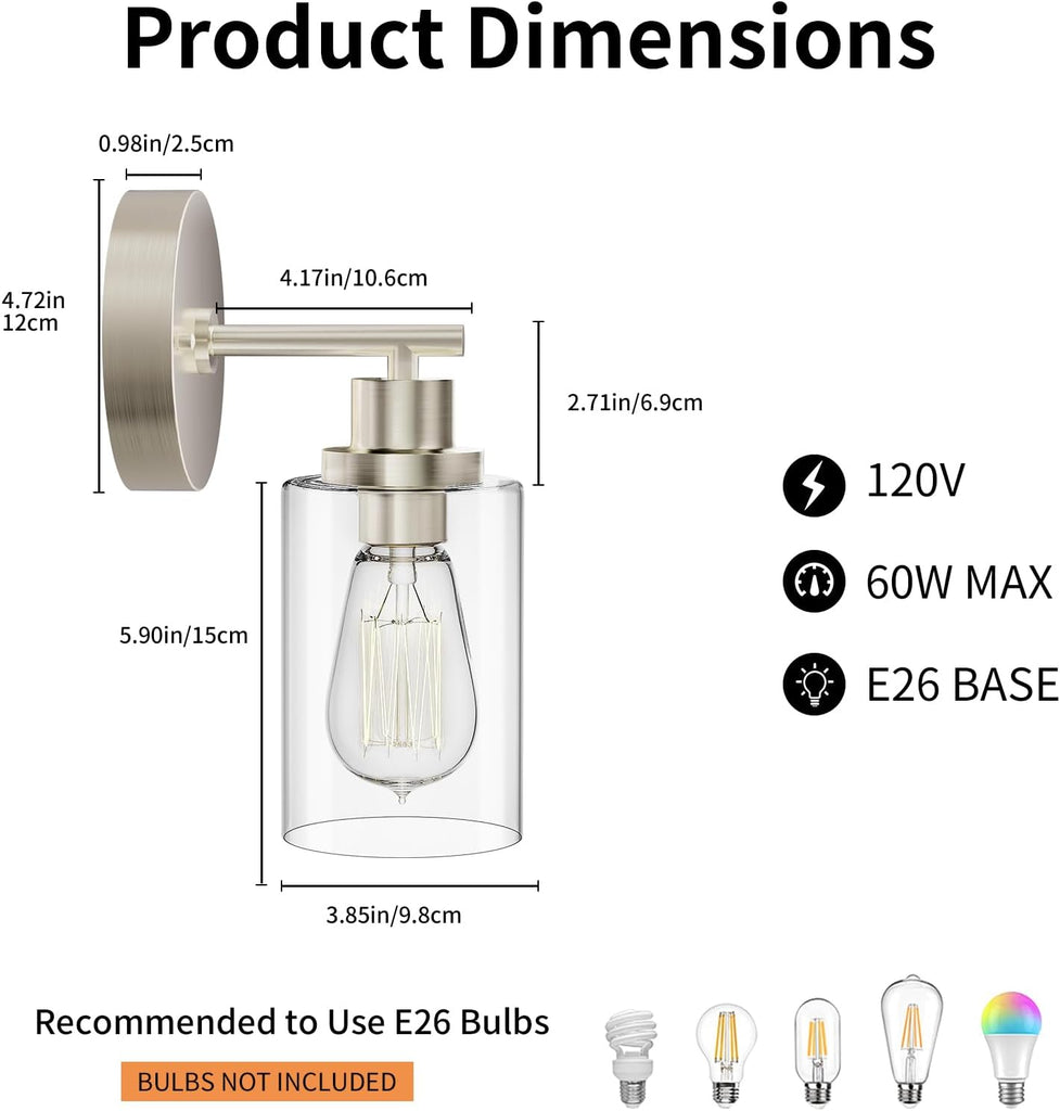 Bathroom Wall Sconces Set of 2, Brushed Nickel Vanity Light Fixtures | E26 Base, LED Indoor Wall Mount Lamp