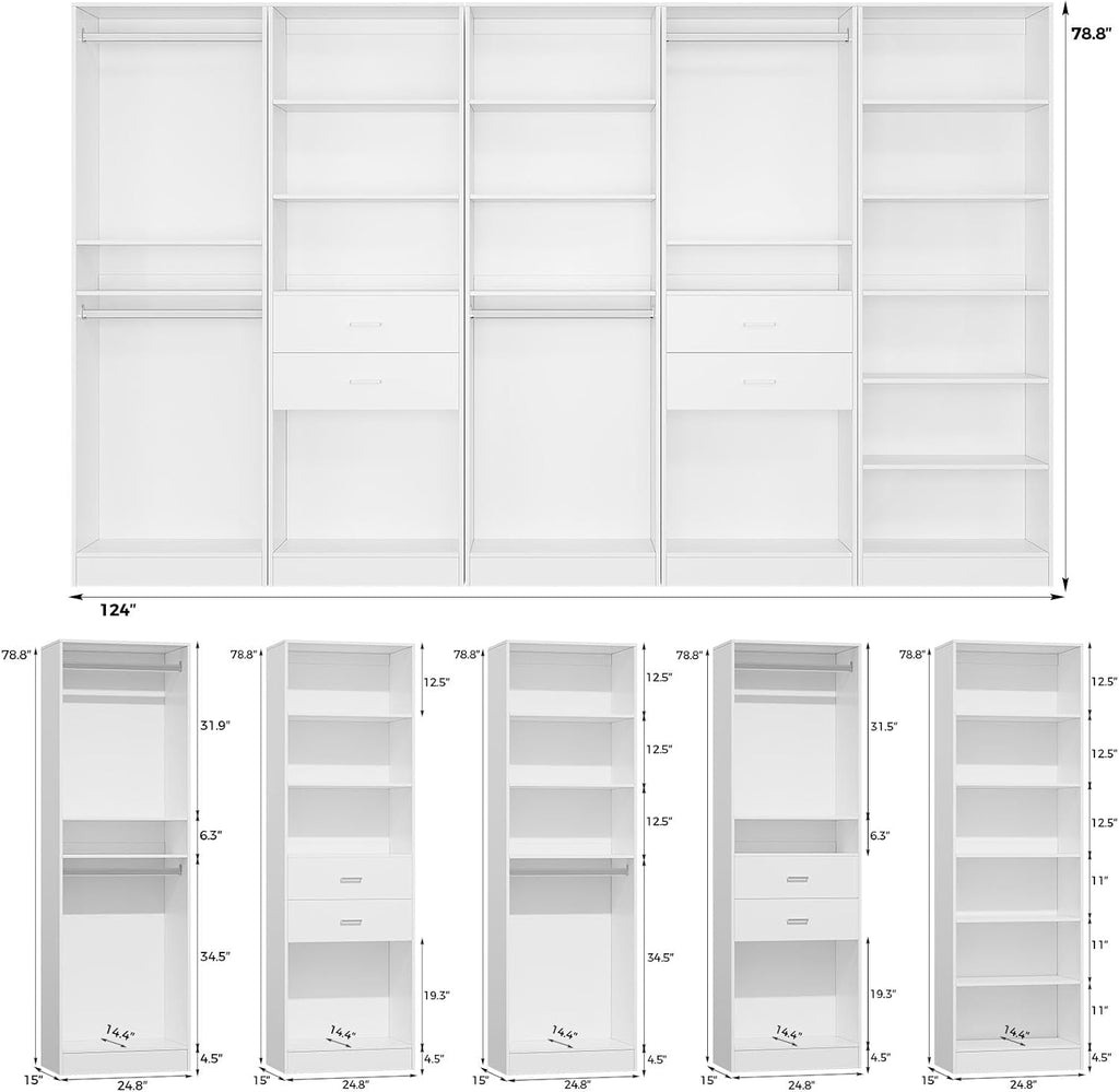 25'' Closet Organizer System with 5 Adjustable Shelves | Modular Closet Open Shelving 15" Deep Wooden Closet Systems