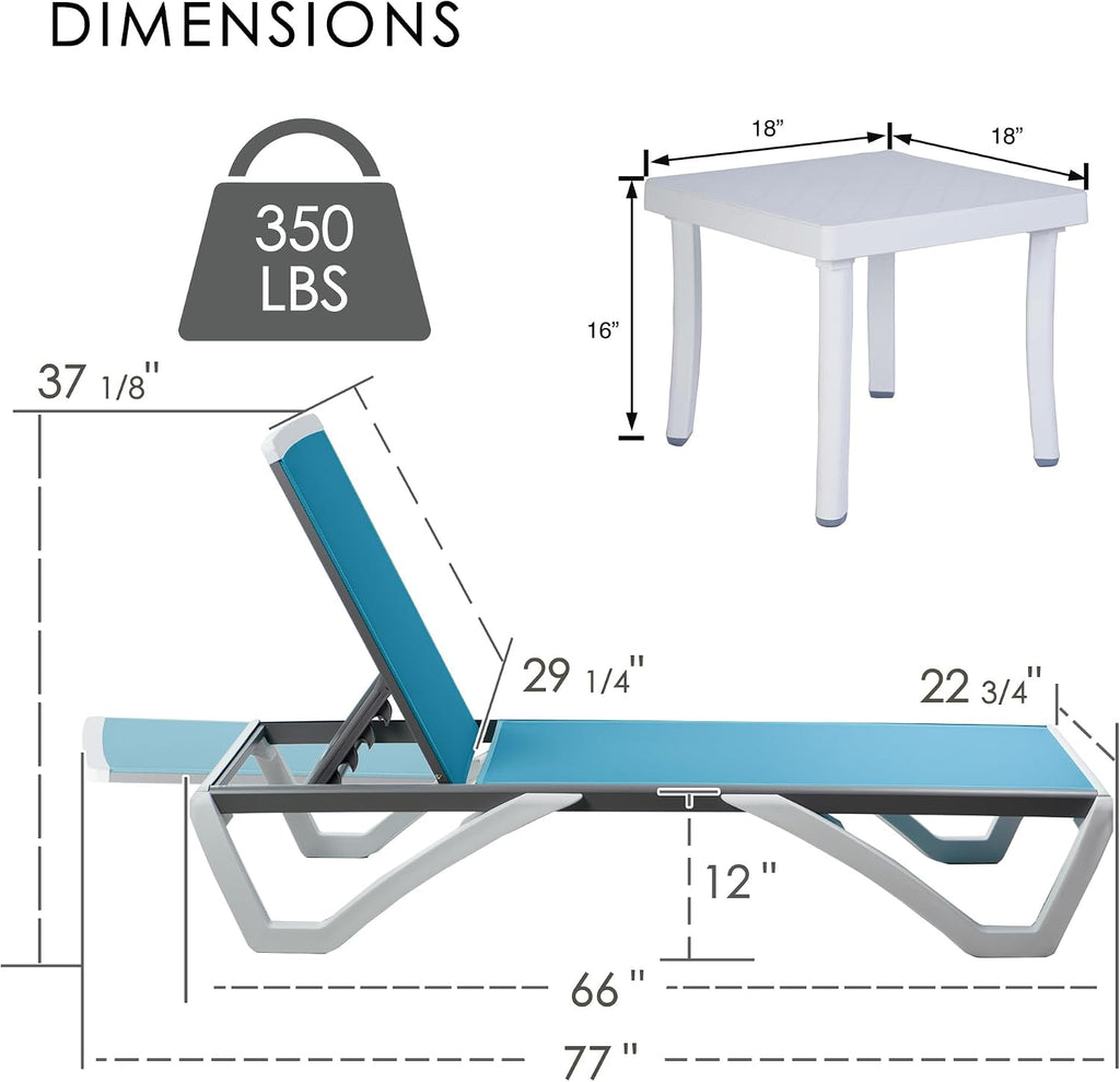 3-Piece Outdoor Chaise Lounge Set Fully Flat Adjustable Lounger | Aluminum Frame, Resin Legs, Textilene Fabric
