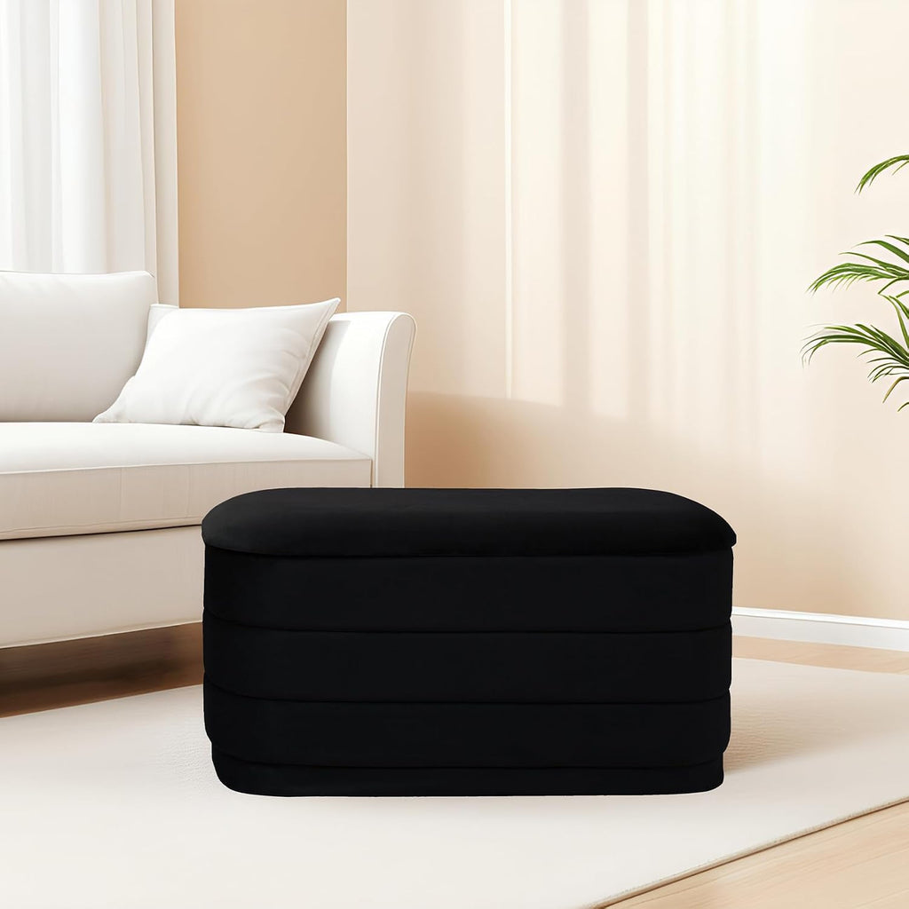 30" Velvet Storage Ottoman Bench with Wooden Tray Lid, Folding Large Upholstered Ottoman Footstool , Rectangular