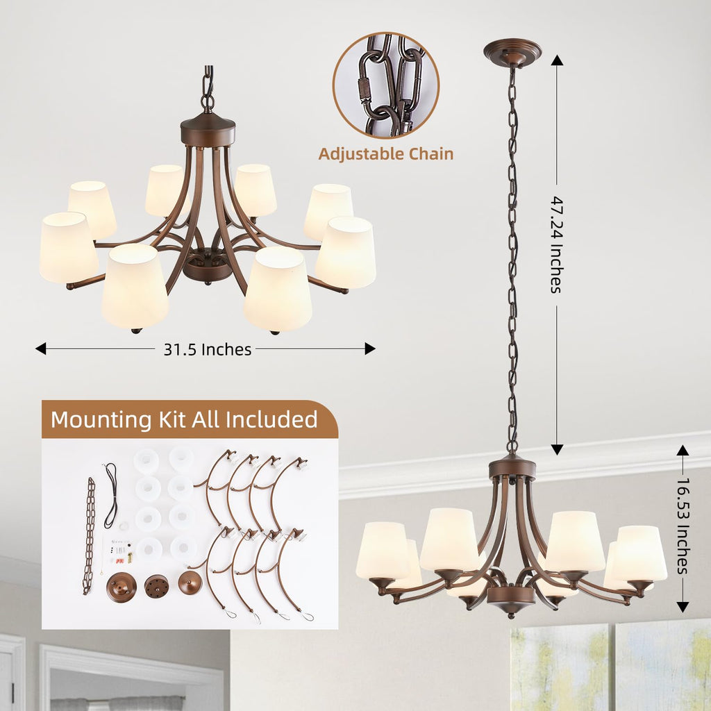 8-Light Large Rustic Chandeliers with Frosted Milky White Glass, Classic 30"Pendant Ceiling Light, Oil Rubbed Bronze