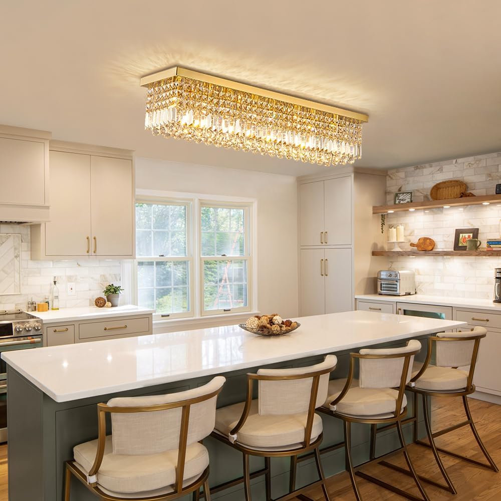 Rectangular Gold Crystal Chandelier, 8-Light Modern Dimmable K9 Crystal Raindrop Chandelier, Luxury Rectangle Flush