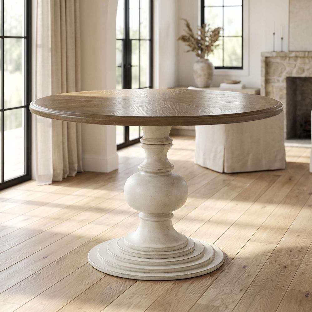 Brown Round Pedestal Dining Table with Wood Veneer and MDF Top, Ideal for Dining Room, Rustic or Modern Indoor Dining