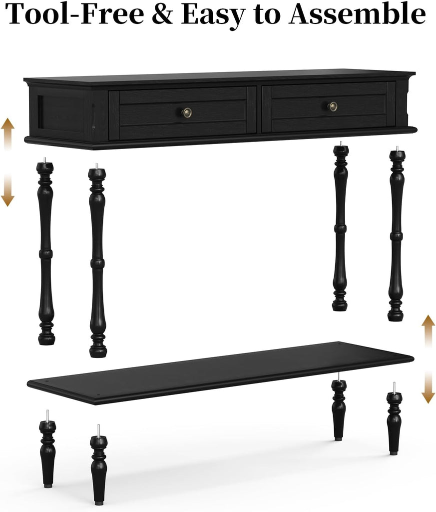 Console Table with 2 Drawers-Minimal Assembly,Black Retro Entryway Table with Storage Cabinets and Open Shelf,Narrow