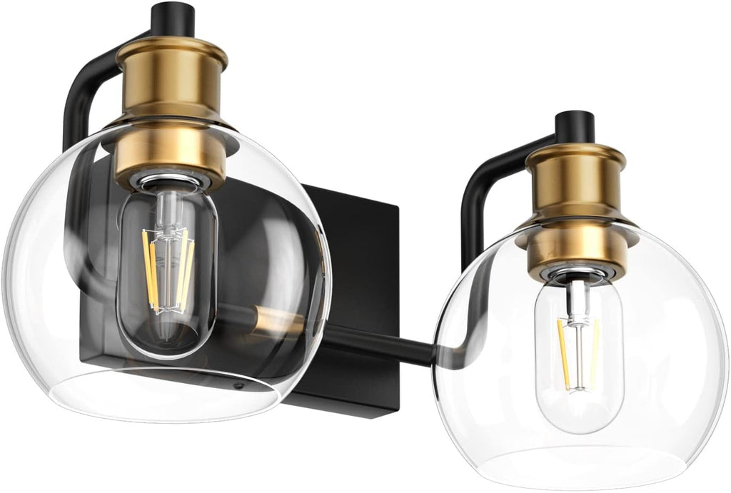 2 Lights Vintage Bathroom Vanity Light Fixtures Over Mirror Black & Gold Industrial Vanity Lights with Globe Clear