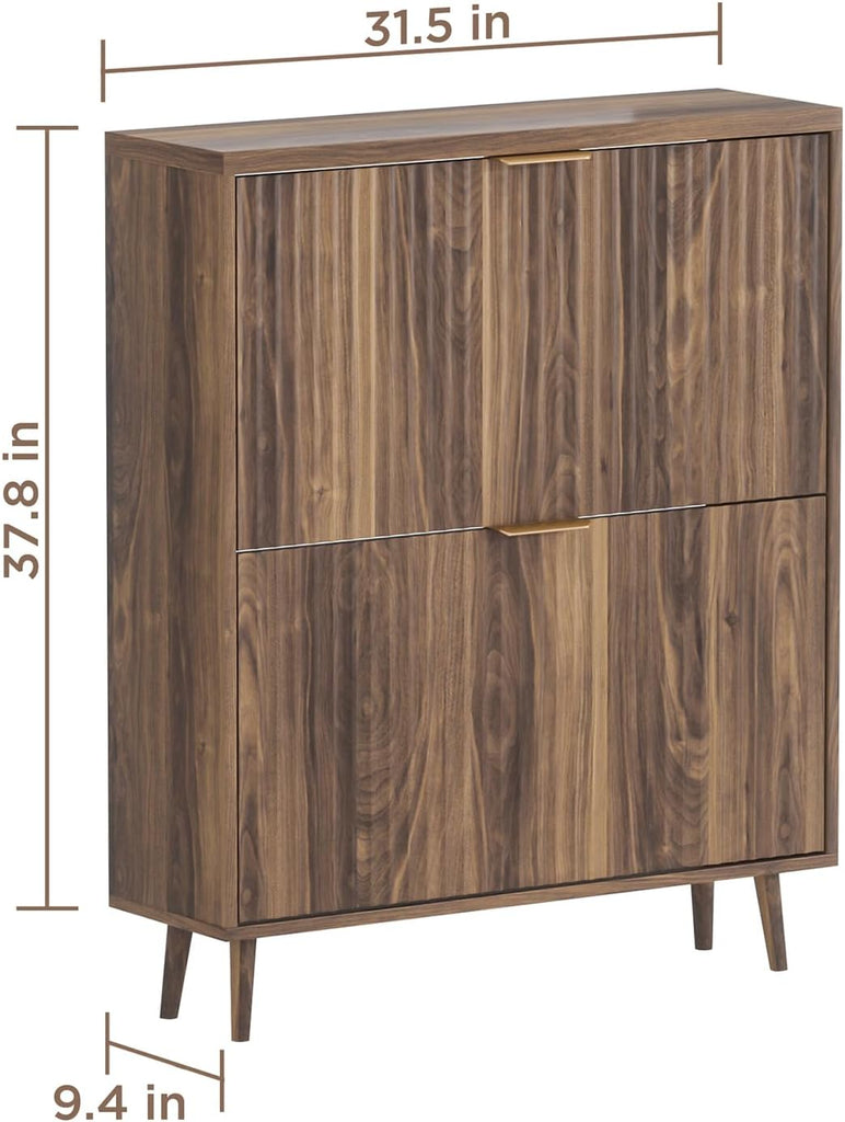 Shoe Cabinet Storage, Modern Freestanding Organizer with 2 Flip Drawers, Narrow Shoe Rack , Walnut