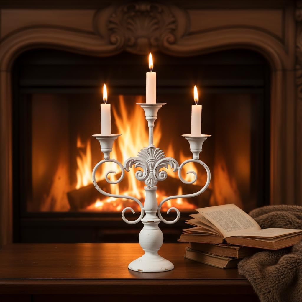 Pillar Candle Stand 3 Arm Candelabra Iron White Candle Holders Centerpiece, Rustic Classy Candlestick Holder 15 Inch