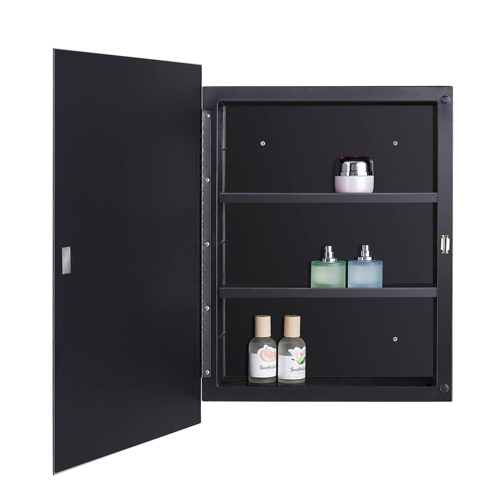 Black Plastic Bathroom Medicine Mirror Cabinet 16 x 22 inch, Surface and Recessed Mount, Beveled Edge Mirror