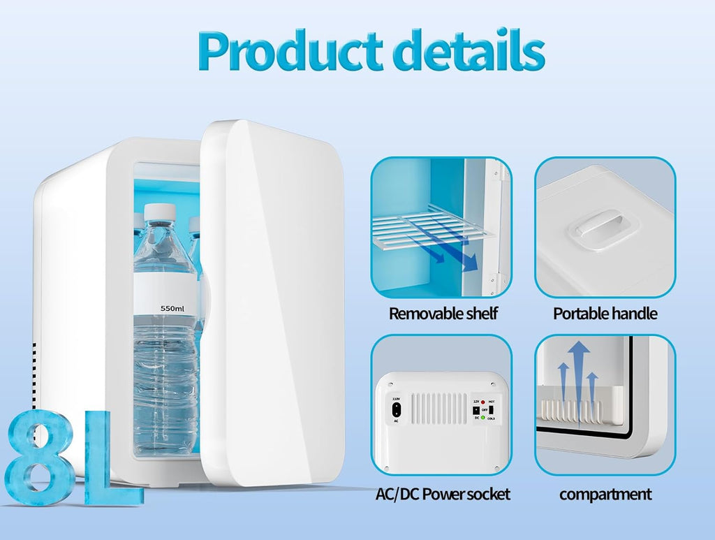 Mini Fridge for Bedroom - 8 Liter/8 Can Portable Refrigerator for Car, Office, Dorm - Quiet Cooler & Warmer for Food