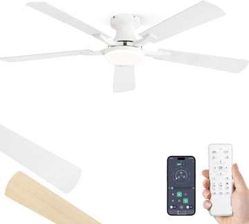 52 Inch Ceiling Fan with Light, App&Remote Control, Flush Mount Low Profile, Dimmable 20W LED Light, Quiet Reversible Motor for Bedroom, Living Room, Apartment, White