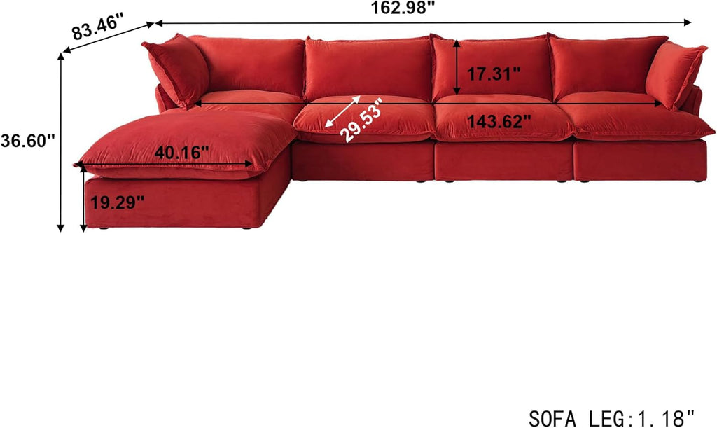 L-Shaped Sectional Couches, Modular Sectional Sofas, Modern Comfy Cloud Couch with Chaise Ottoman, Cushion Covers Removable, Two Corners and Two Middle Sofa for Living Room (Red)