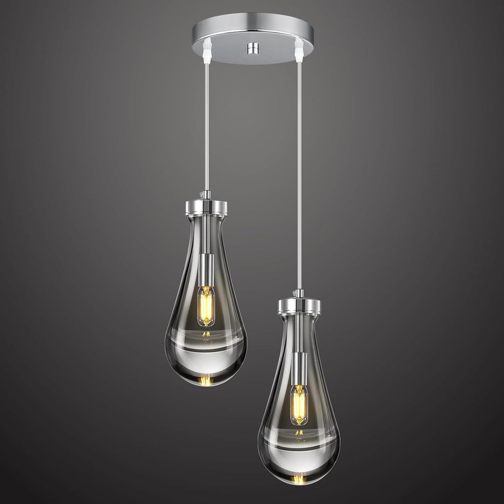 Raindrop Pendant Lights Kitchen Island Teardrop Chrome Hanging Light Fixtures Clear Solid Glass Pendant Light Modern Chandeliers for Dining Room Porch Corridor Living Room (2-Light)