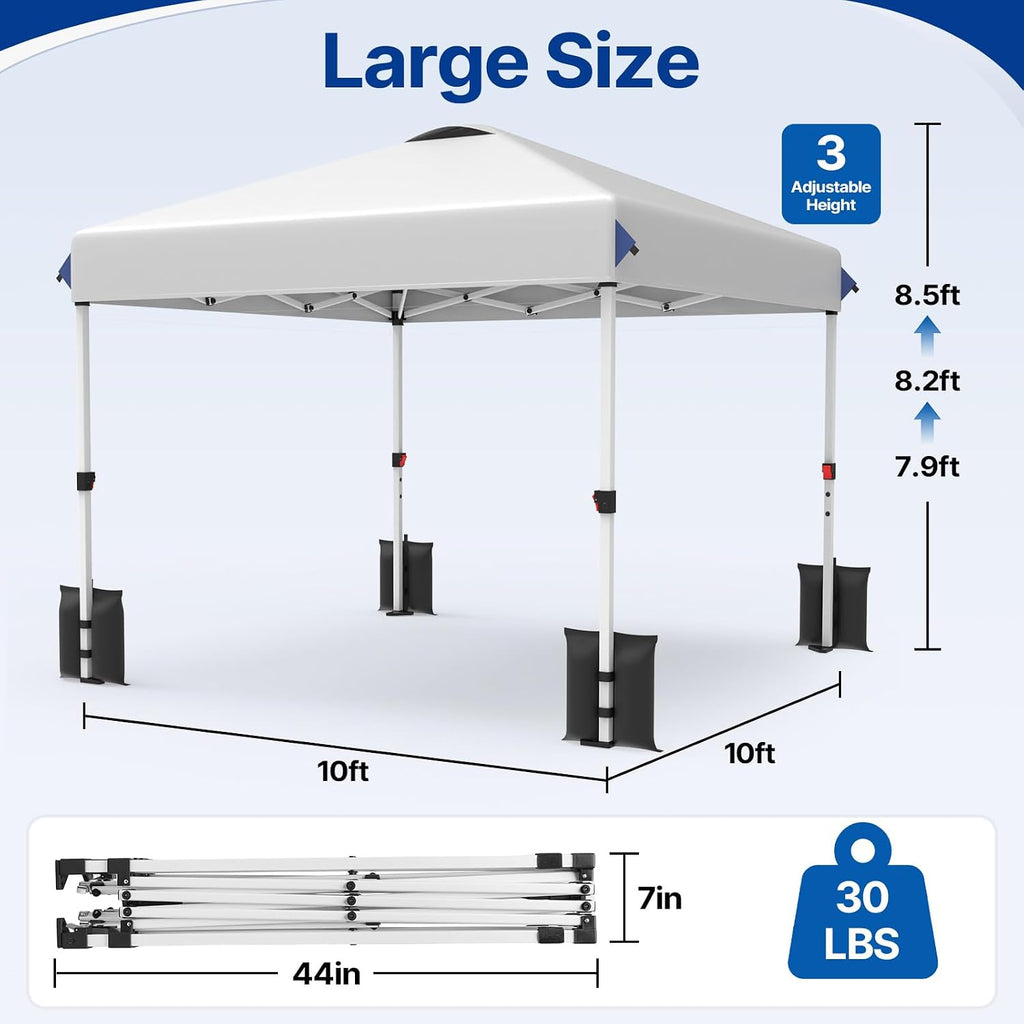 10x10 FT Pop Up Canopy Outdoor Tent, 1-Button Push Easy Set Up, Waterproof & 3-Height Adjustable Beach Shade