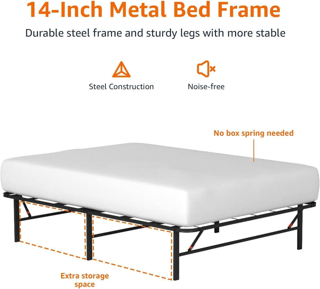 Bed Frame with Ample Underbed Storage, Foldable Metal Platform, Sturdy Steel, No Box Spring Needed, 14 inches High
