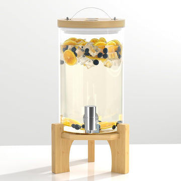 1 Gallon Glass Drink Dispenser For Parties, Beverage Dispenser With Bamboo Wood Stand And Stainless Steel Spigot